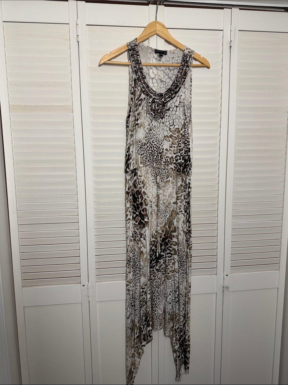 Spense Neutral Animal Print Asymmetrical Maxi Dress with Beaded Neckline